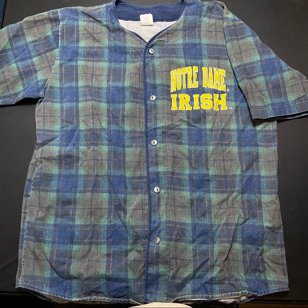 Vtg 90s NOTRE DAME IRISH Plaid Baseball Jersey L